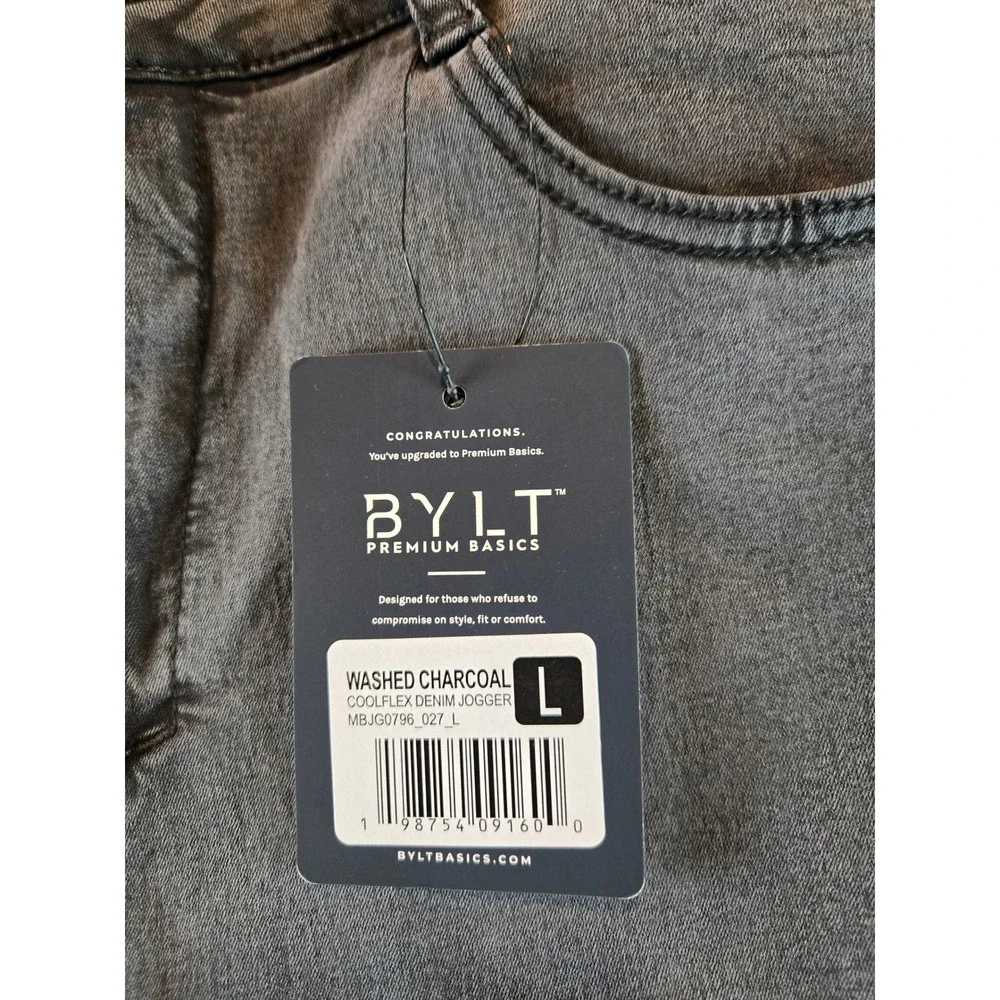BYLT Coolflex Denim Jogger Mens Size L Washed Charcoal Stretch Tapered NEW!